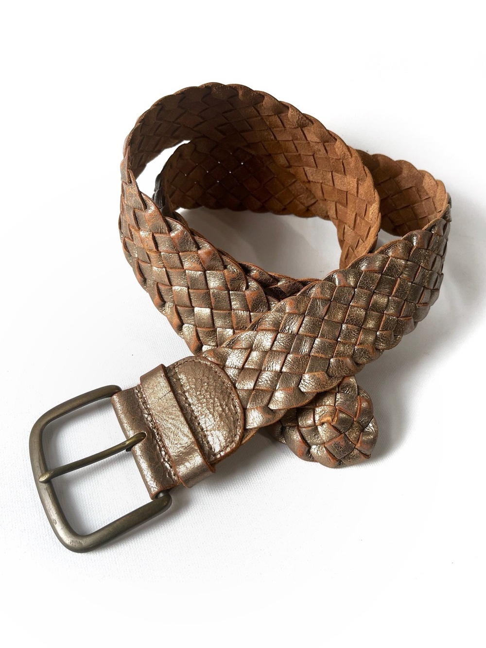 Vintage Wide 40in Gold Leather Belt Weathered Cowhide Braided Woven Boho